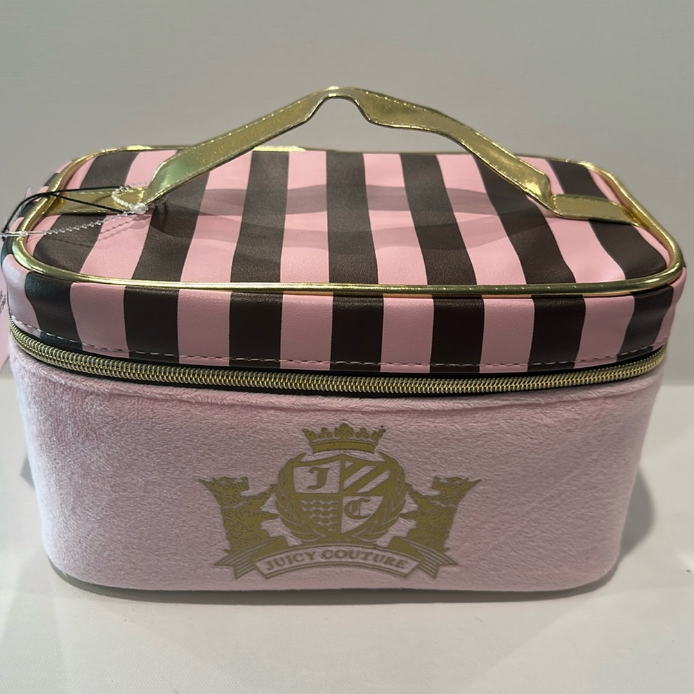 NWT Juicy Couture Pink/Brown/Gold Travel Cosmetic Pouch with Toiletry bottle.